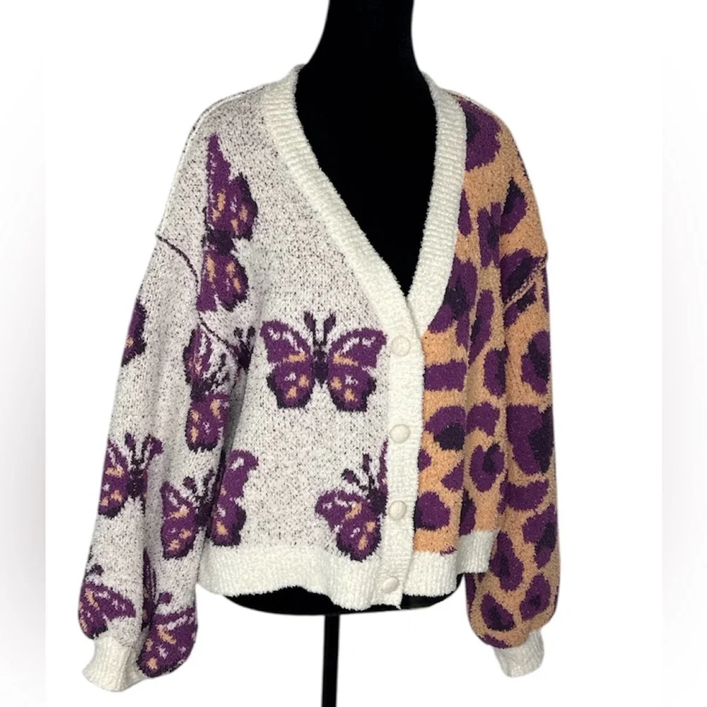 POL Butterfly & Leopard Colorblock Cardigan Sweater Oversized Boho Cozy - Picture 2 of 6